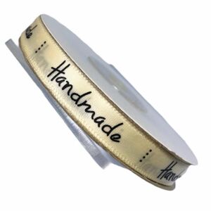 Сатенена лента с надпис "Handmade" - 1 cm - 01 - шампанско